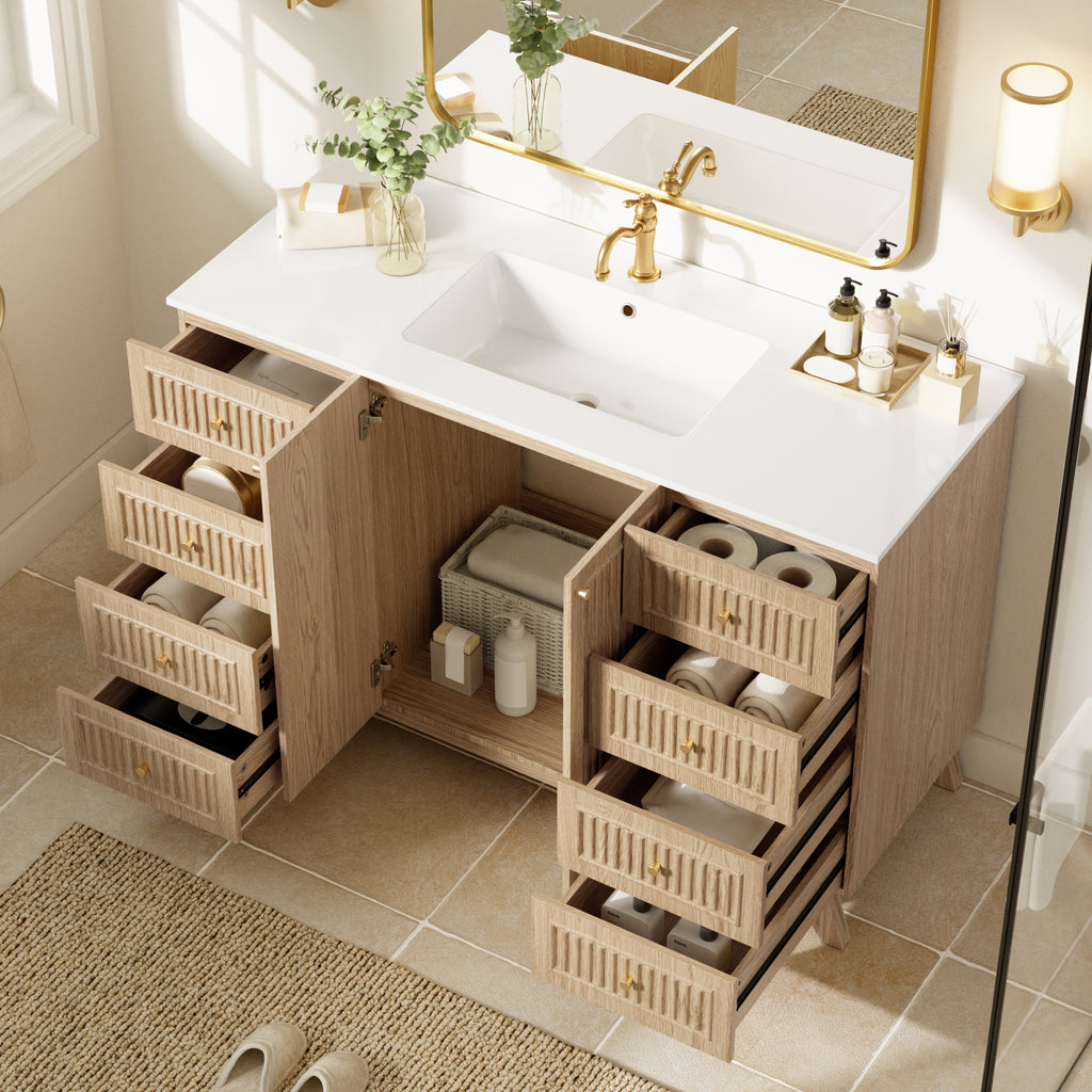 [Video]47.56" Freestanding Single-Sink Bathroom Vanity with SMC Top, MDF Cabinet, 8 Drawers, 2 Soft-Close Doors and Gold-Tone Aluminum Alloy Handles