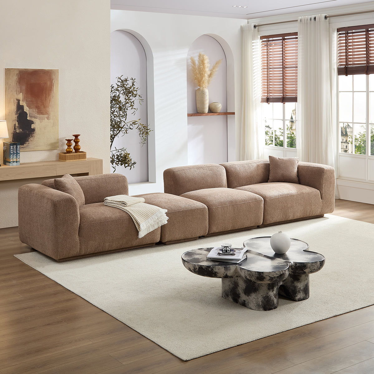 Modern Minimalist 4-Seat Sectional Sofa, 125.59-Inch, Camel Polyester