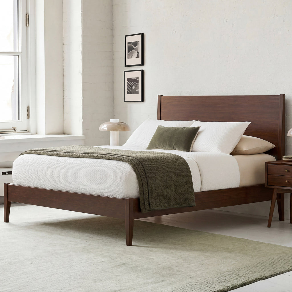 Mid-Century Danish Modern Style Solid Bamboo Wood Sleigh Platform Bed Frame