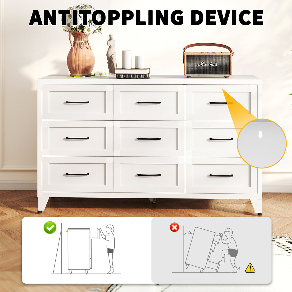 9 Drawer Dresser for Bedroom, Metal Profile Chest of Drawers