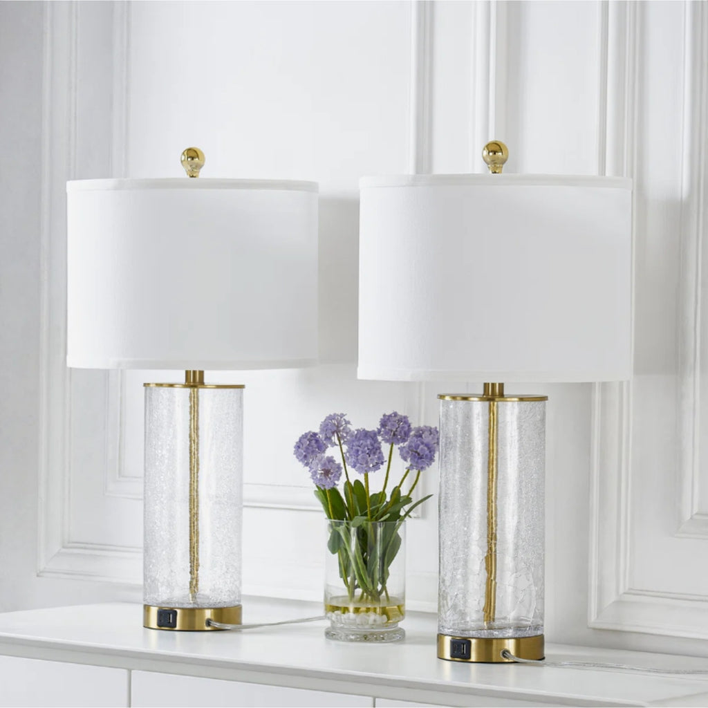 Modern Glam Glass and Metal Table Lamp Set, 23.25-Inch, Gold, USB Charging