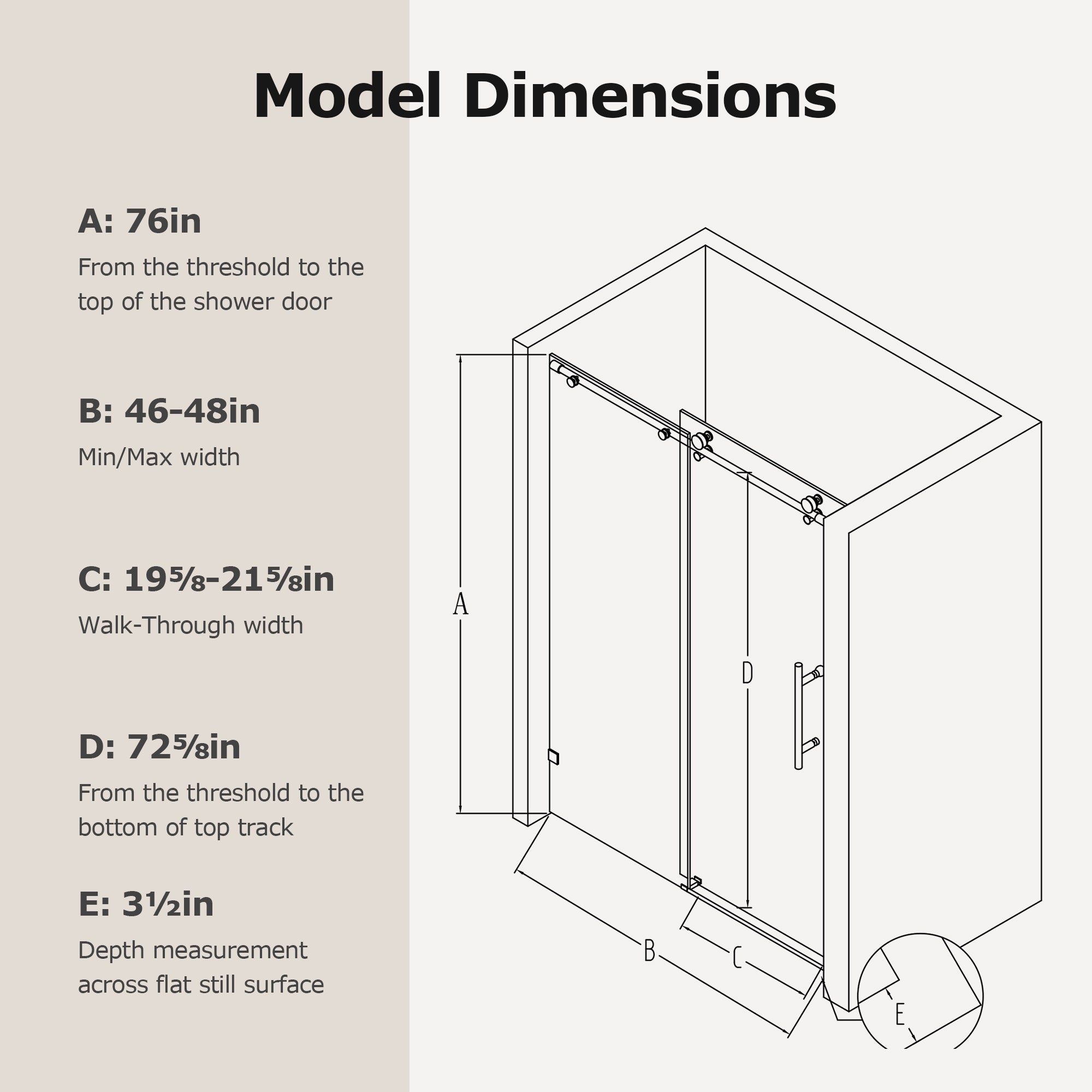 46-48" W * 76" H Frameless Single Sliding Shower Doors