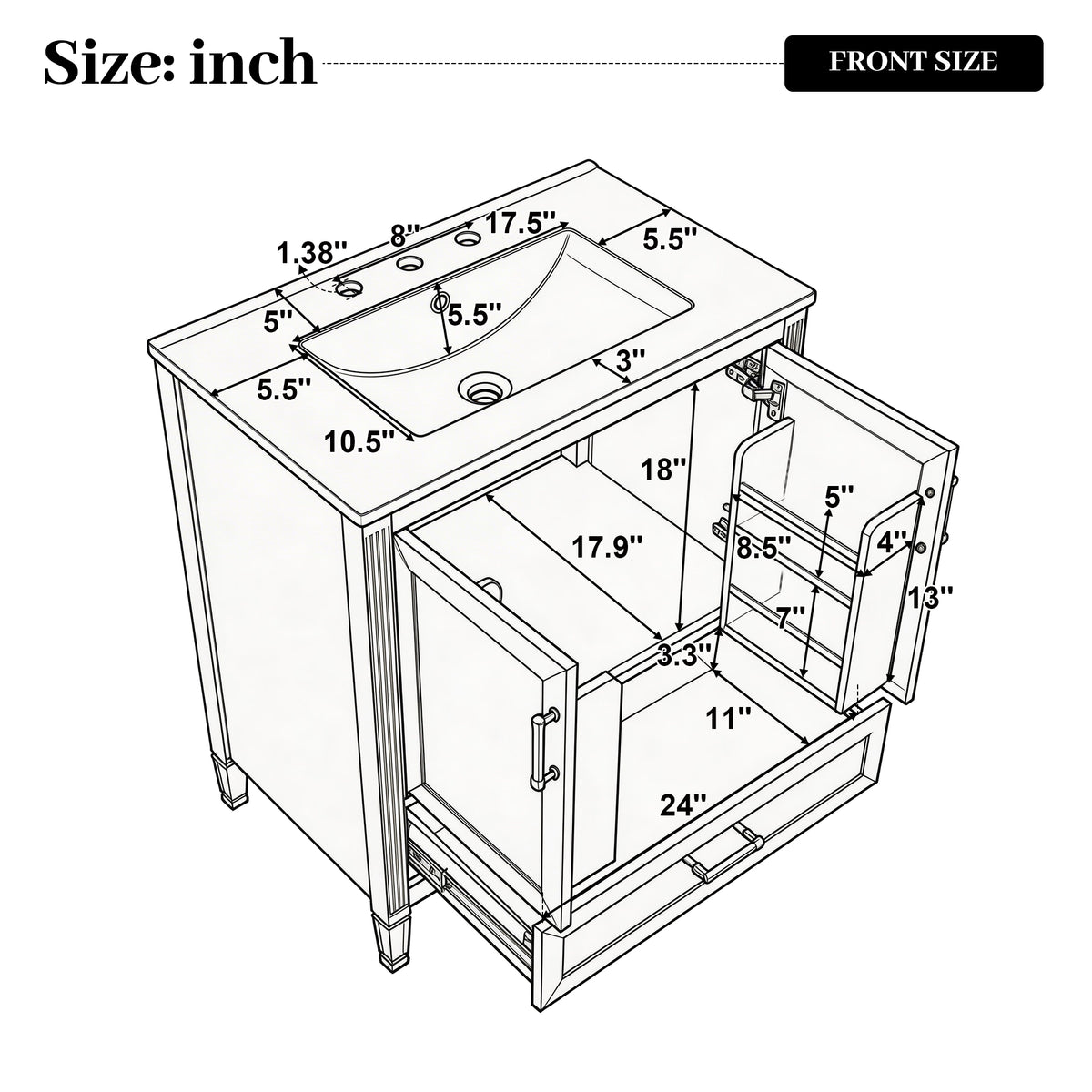 30" Elegant Fluted Bathroom Vanity with Ceramic Sink