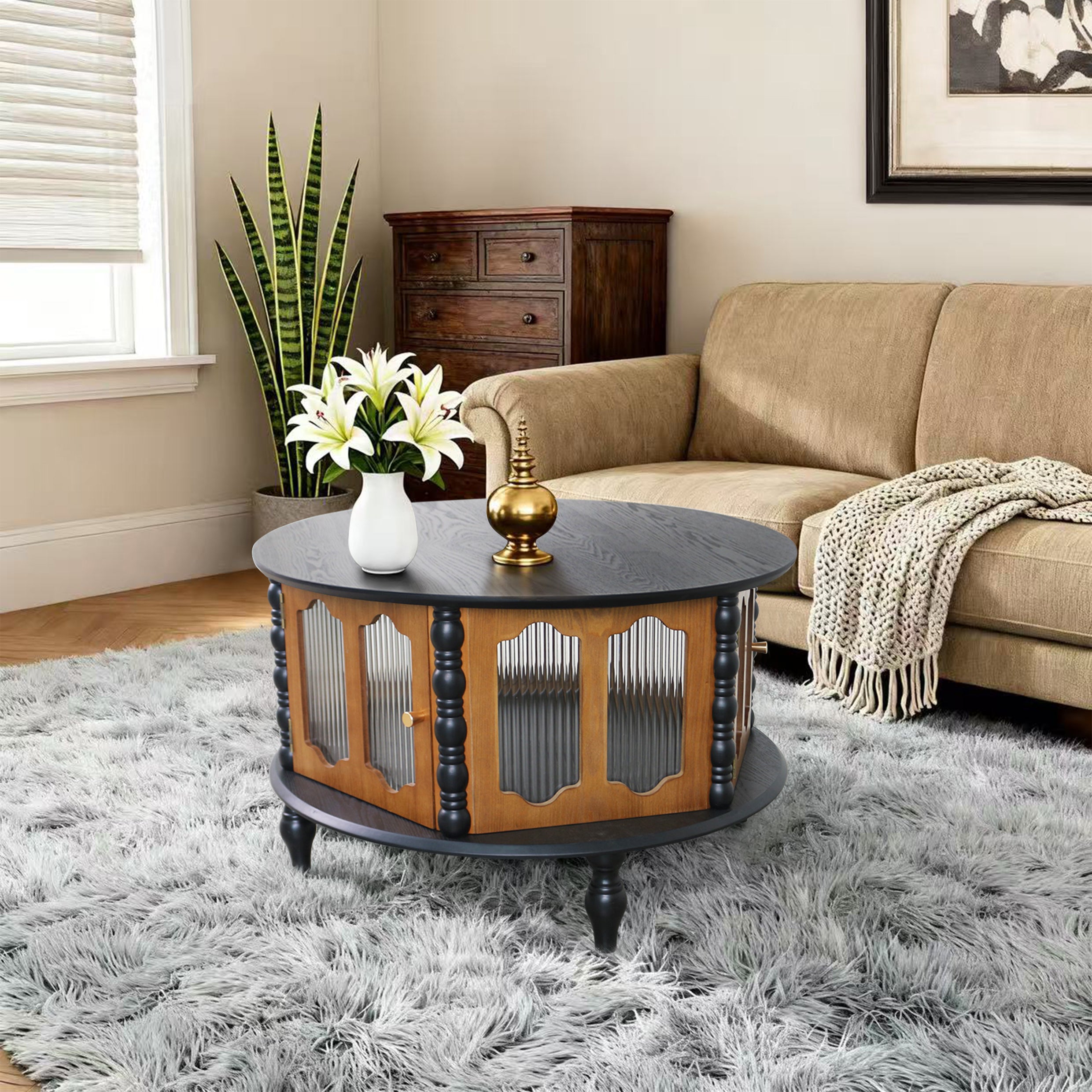 31.5" Round Wooden Coffee Table With Storage