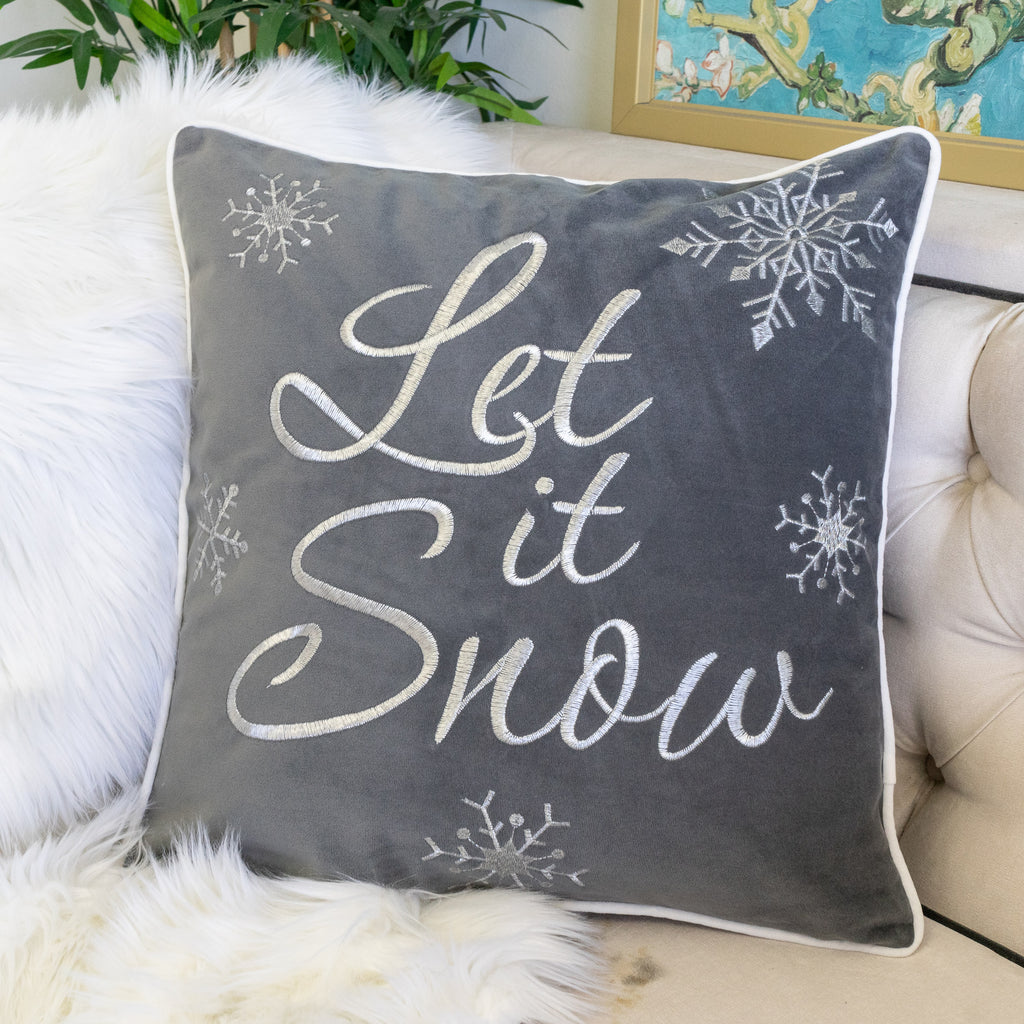Let It Snow Embroidered Cotton Throw Pillow