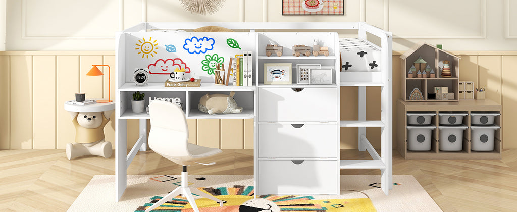 Full Size Low Loft Bed with Built-in Desk, Storage Cabinets and Open Bookcase
