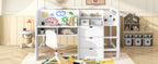 Full Size Low Loft Bed with Built-in Desk, Storage Cabinets and Open Bookcase