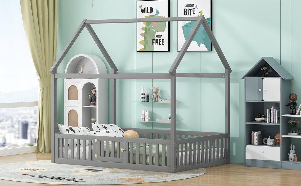 Full Size Wood House Bed with Fence and Door