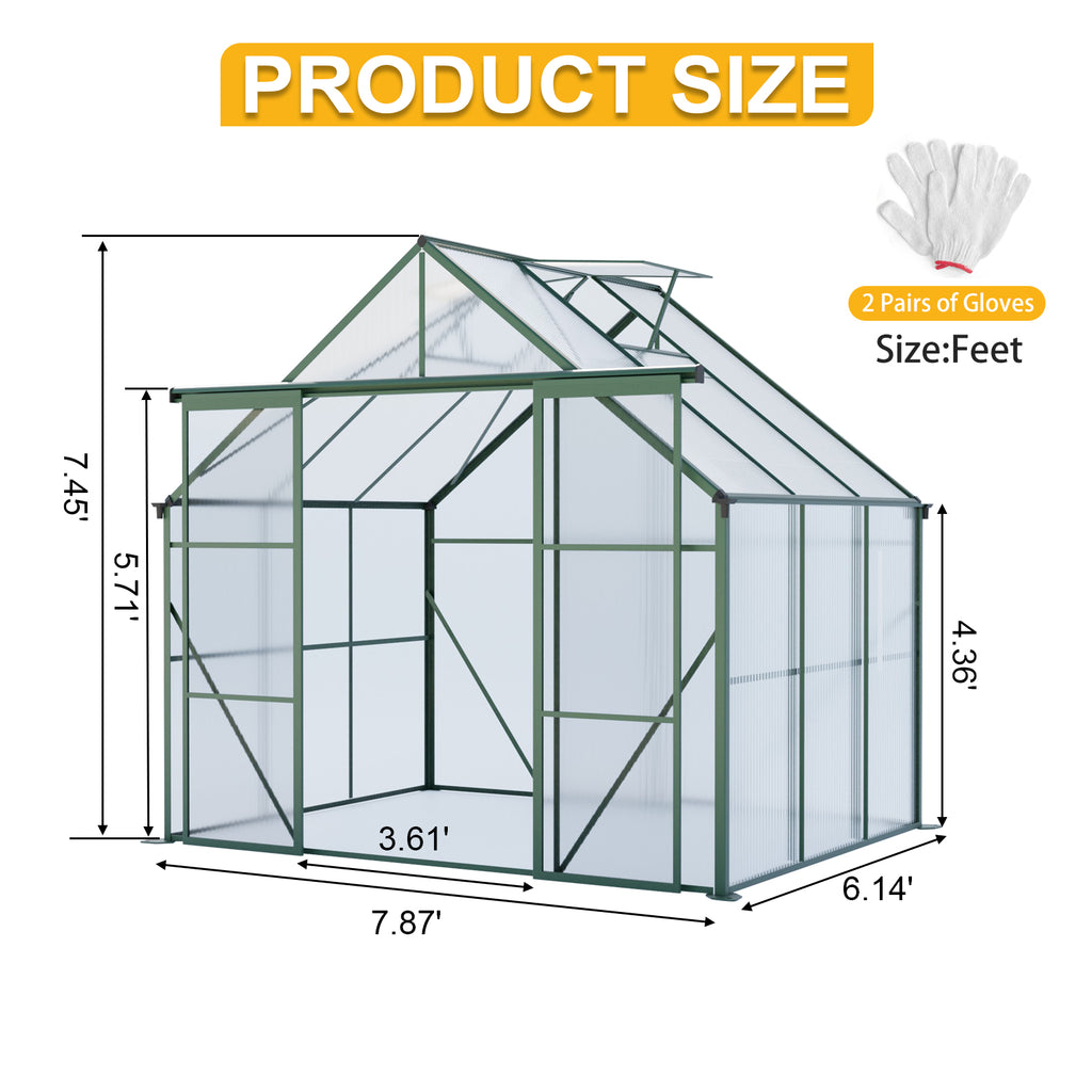Green Double Door Polycarbonate Greenhouse - 8x6ft