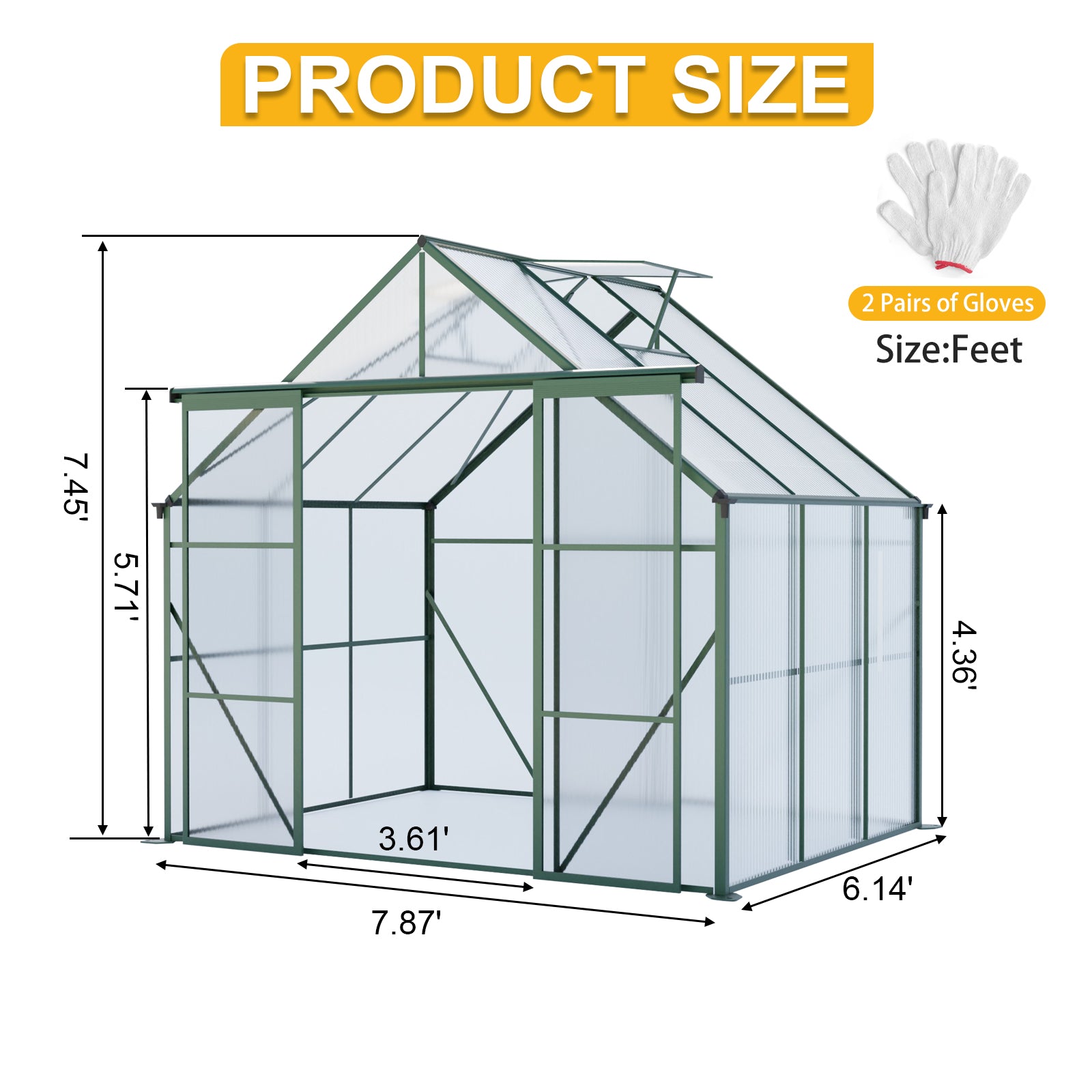 Green Double Door Polycarbonate Greenhouse - 8x6ft