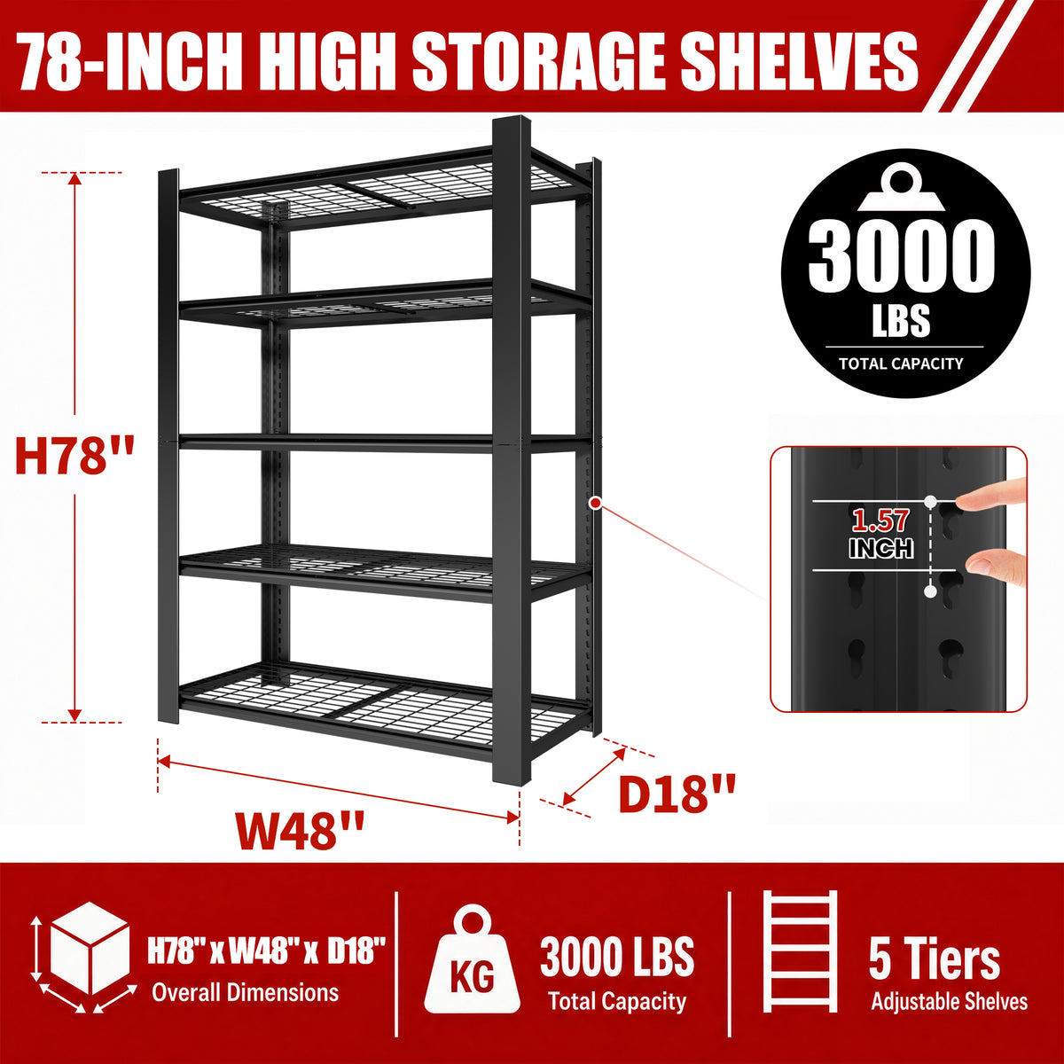 78"H 5-Tier Adjustable Heavy Duty Shelving Metal Mesh Storage Rack