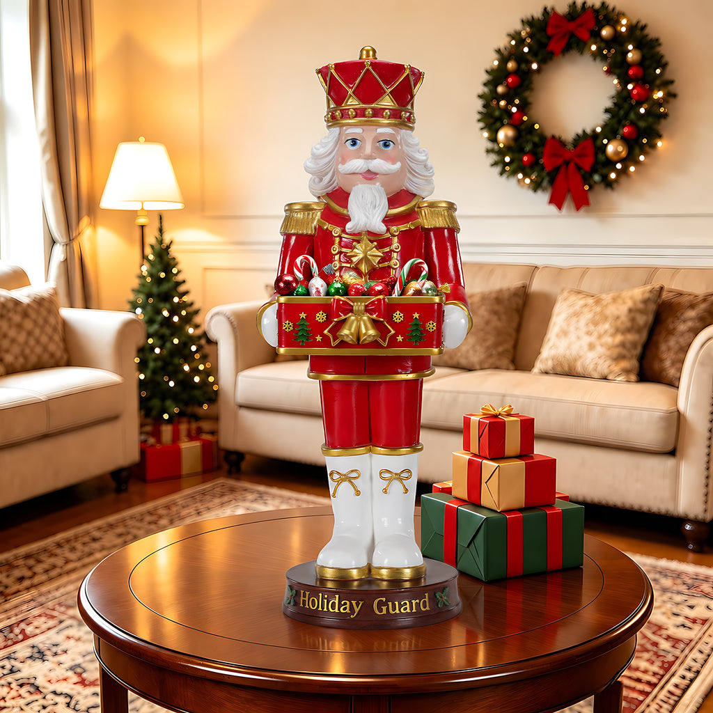 Christmas Nutcracker Soldier Statue with Serving Tray, Red and White
