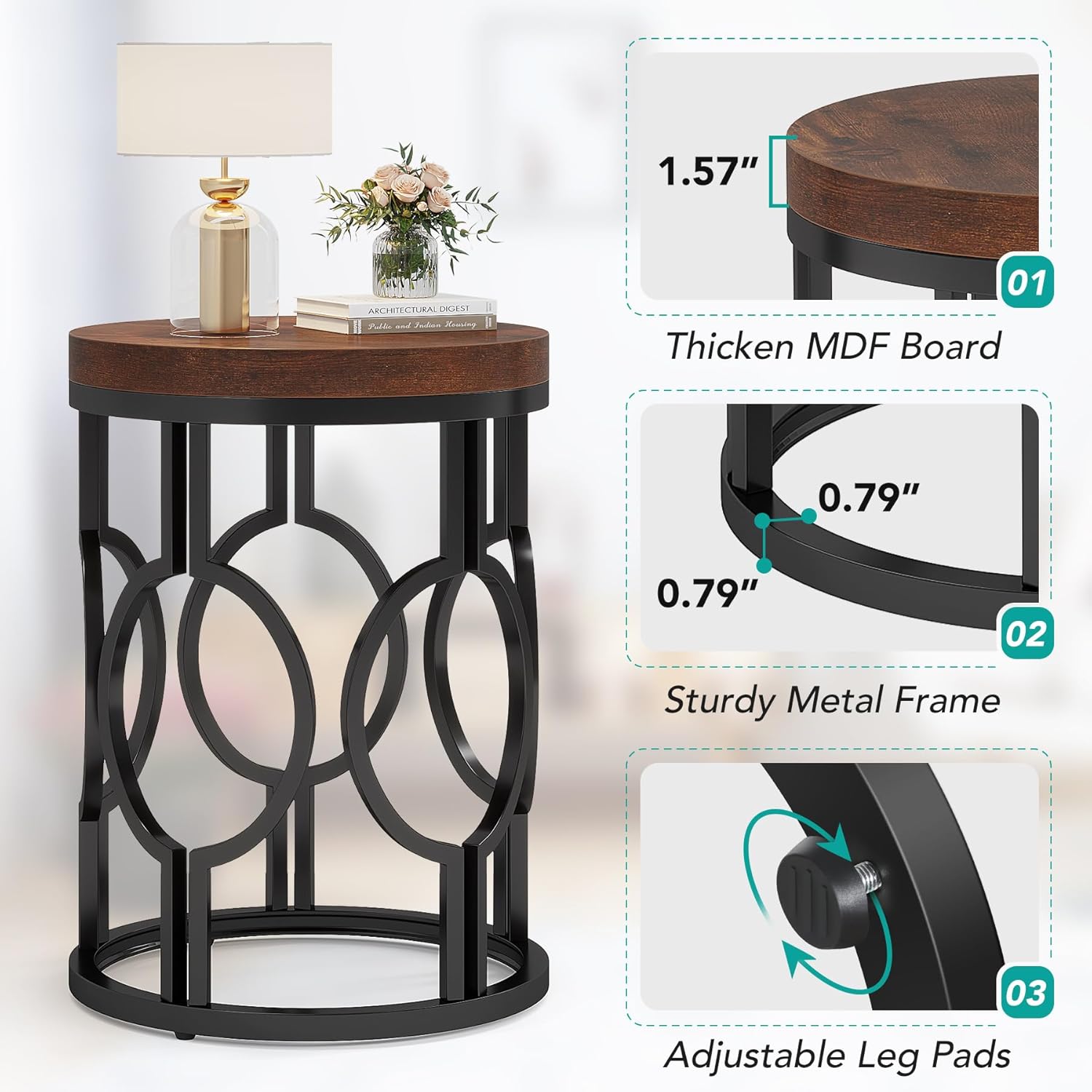 20" Round Industrial Side Table with Metal Openwork Frame