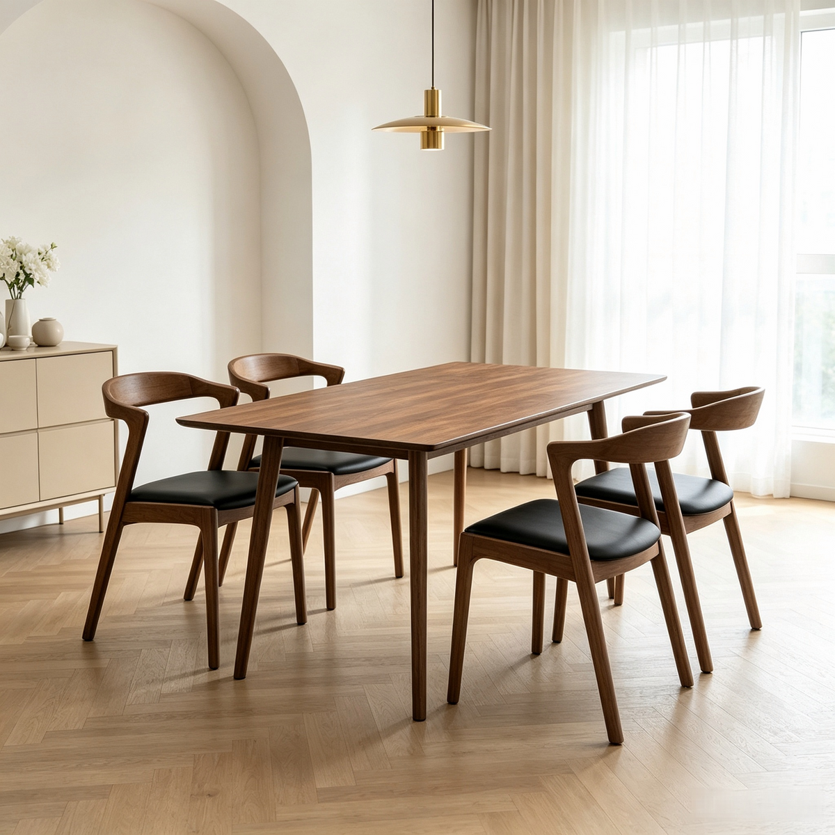 Modern Solid Wood Dining Table Set for 4, Walnut-Brown with Upholstered Chairs