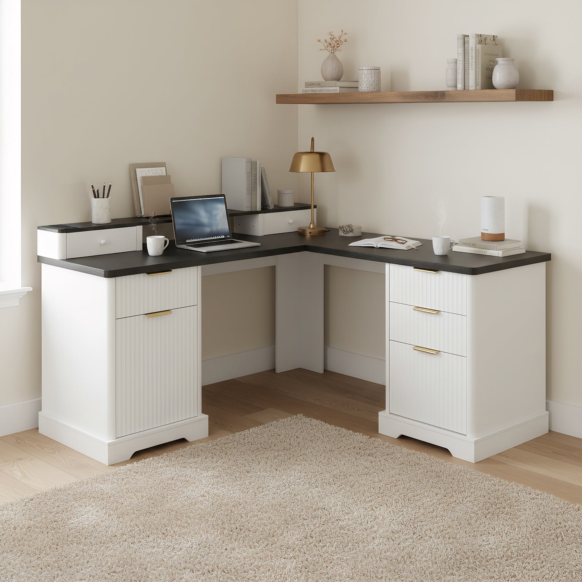 Modern Fluted L-Shaped Desk with Charging Station