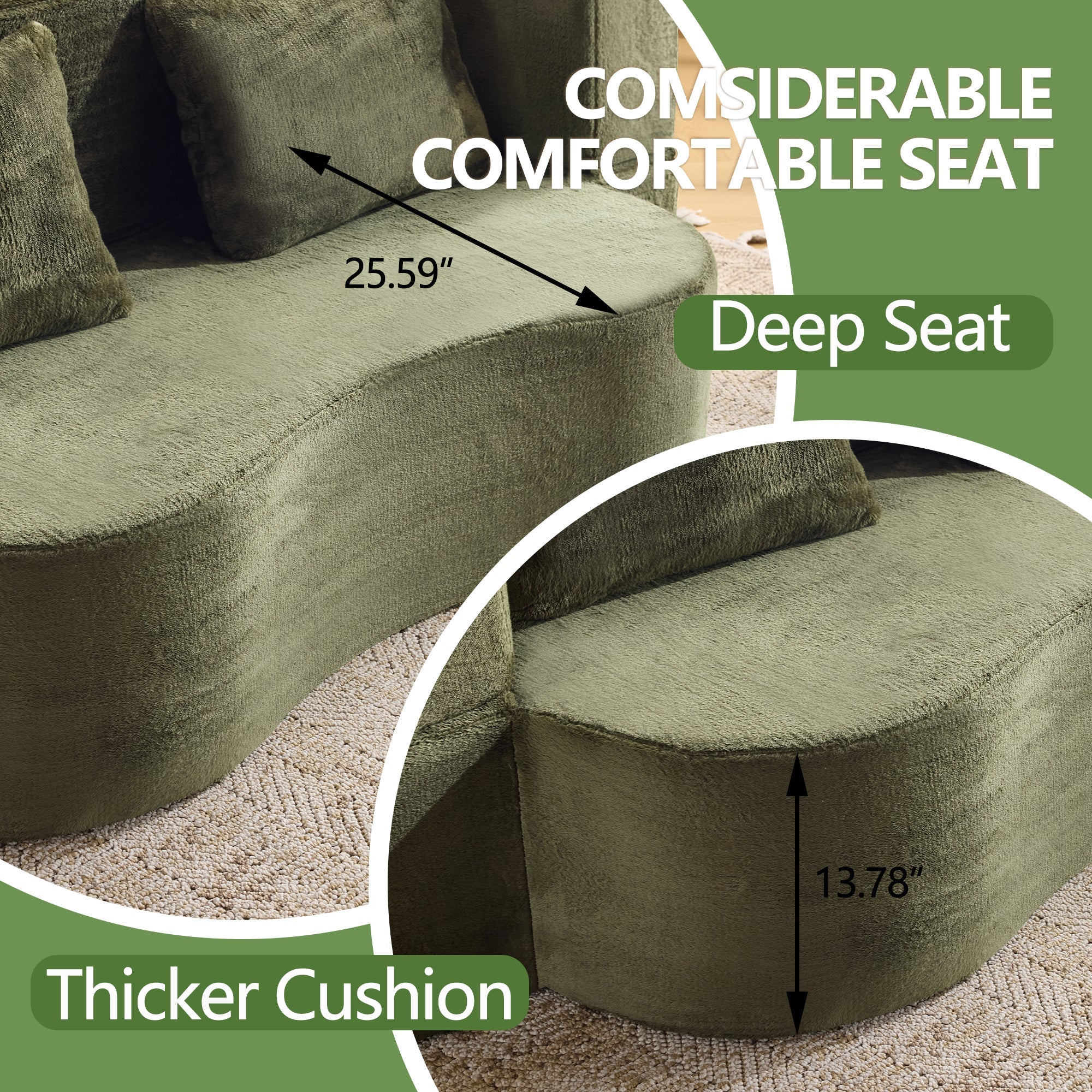 71-Inch Folding Sofa Bed in Green Plush Faux Fur