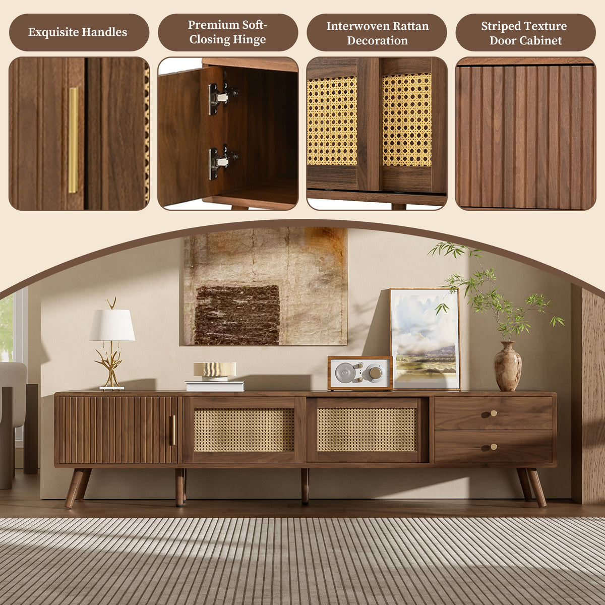 Modern Rattan Doors TV Stand for TVs up to 85 Inches