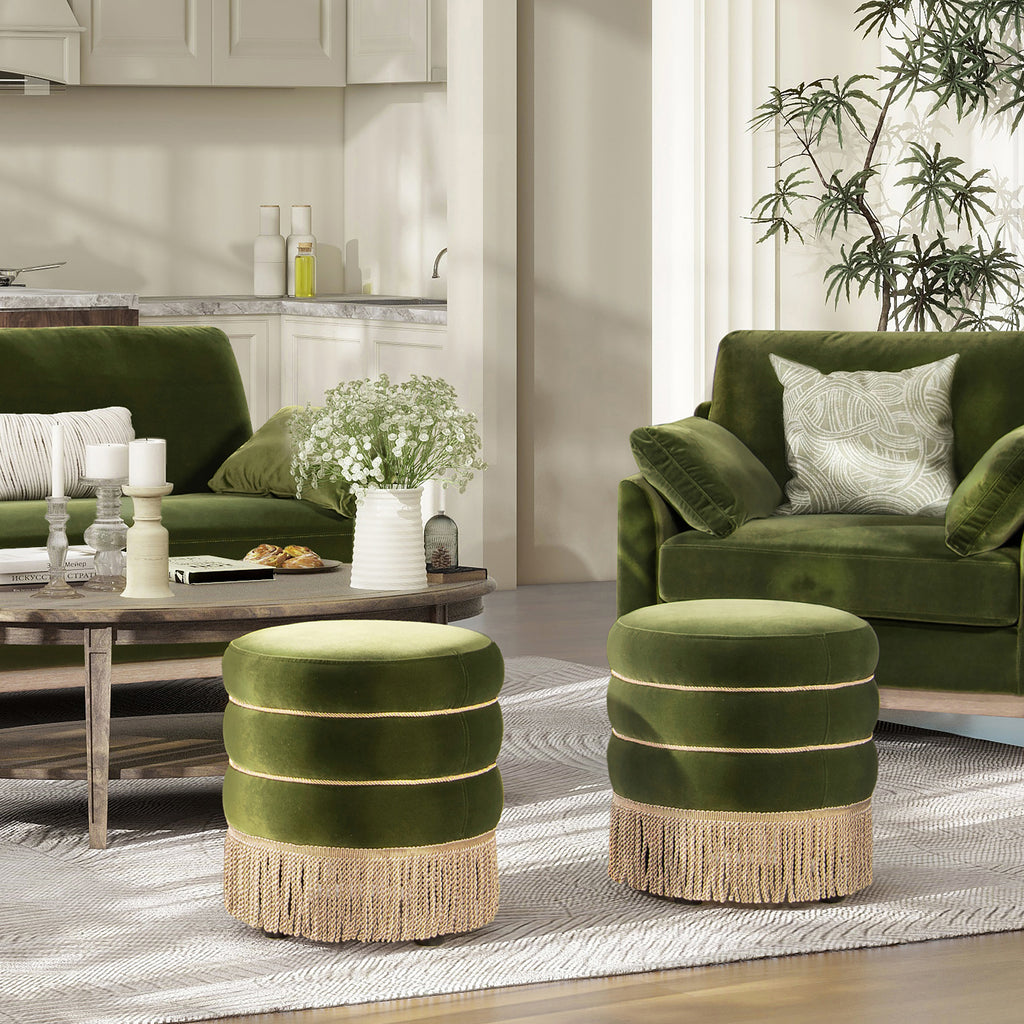 Edward 17.5" Round Upholstered Ottoman with Bullion Fringe, Olive