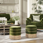 Edward 17.5" Round Upholstered Ottoman with Bullion Fringe, Olive