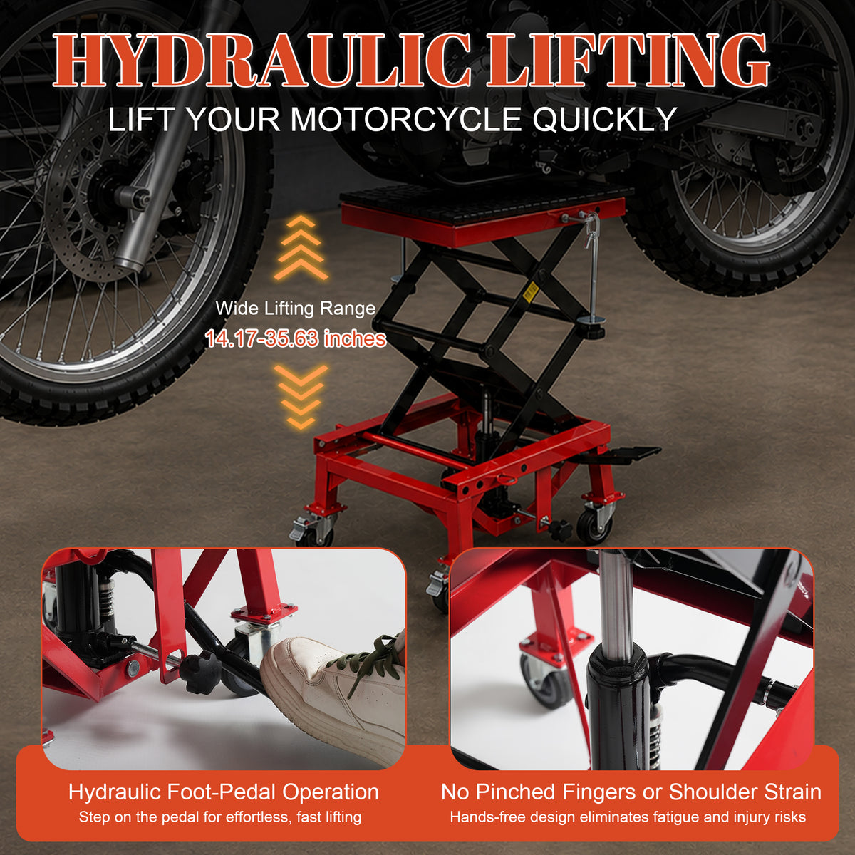 300 LBS Hydraulic Motorcycle Lift Table, Heavy Duty Foot Pedal Scissor Jack with Wide Deck, J-Hooks & 4 Wheels, Mini Lift Stand for ATV Dirt Bike Motorbike Garage Repair Hoist