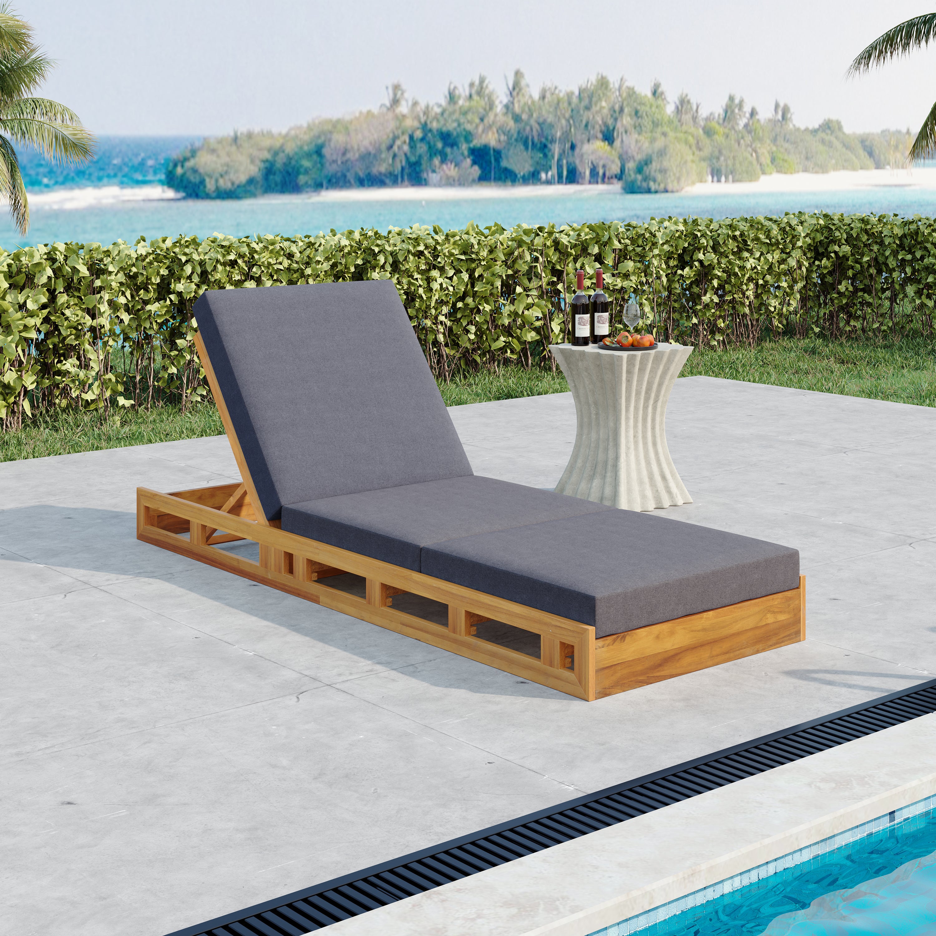 Lounge Chaise Set, Acacia Solid Wood with Lounge Cushion (Dark)