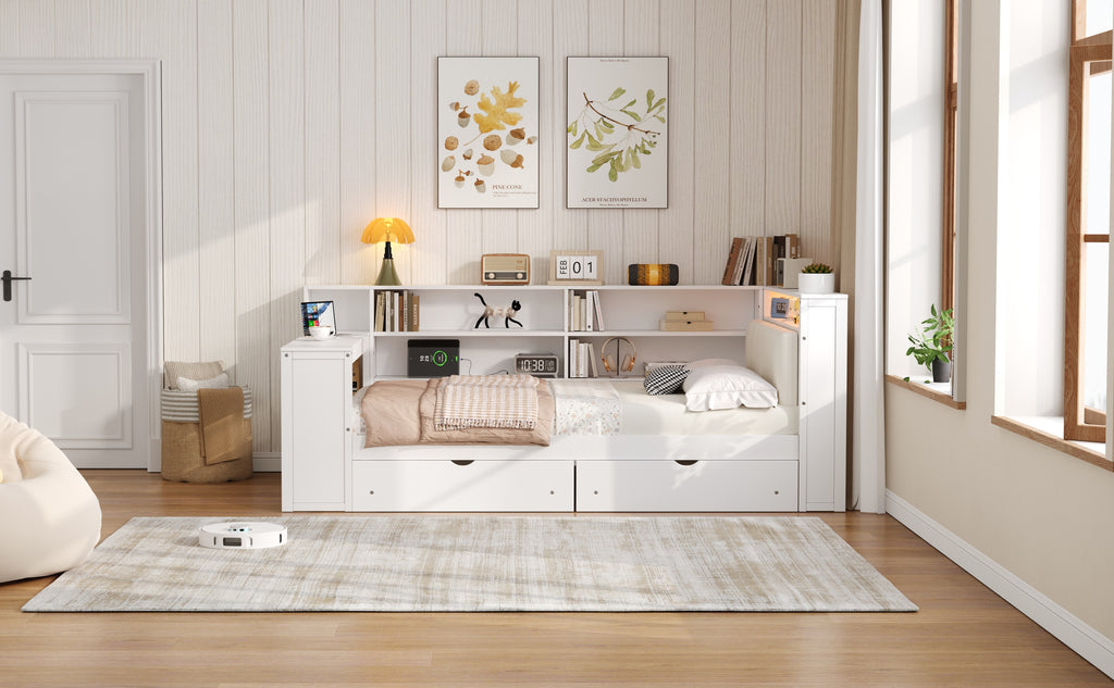 Wood Full Size Platform Bed with Storage Shelves and Charging Station