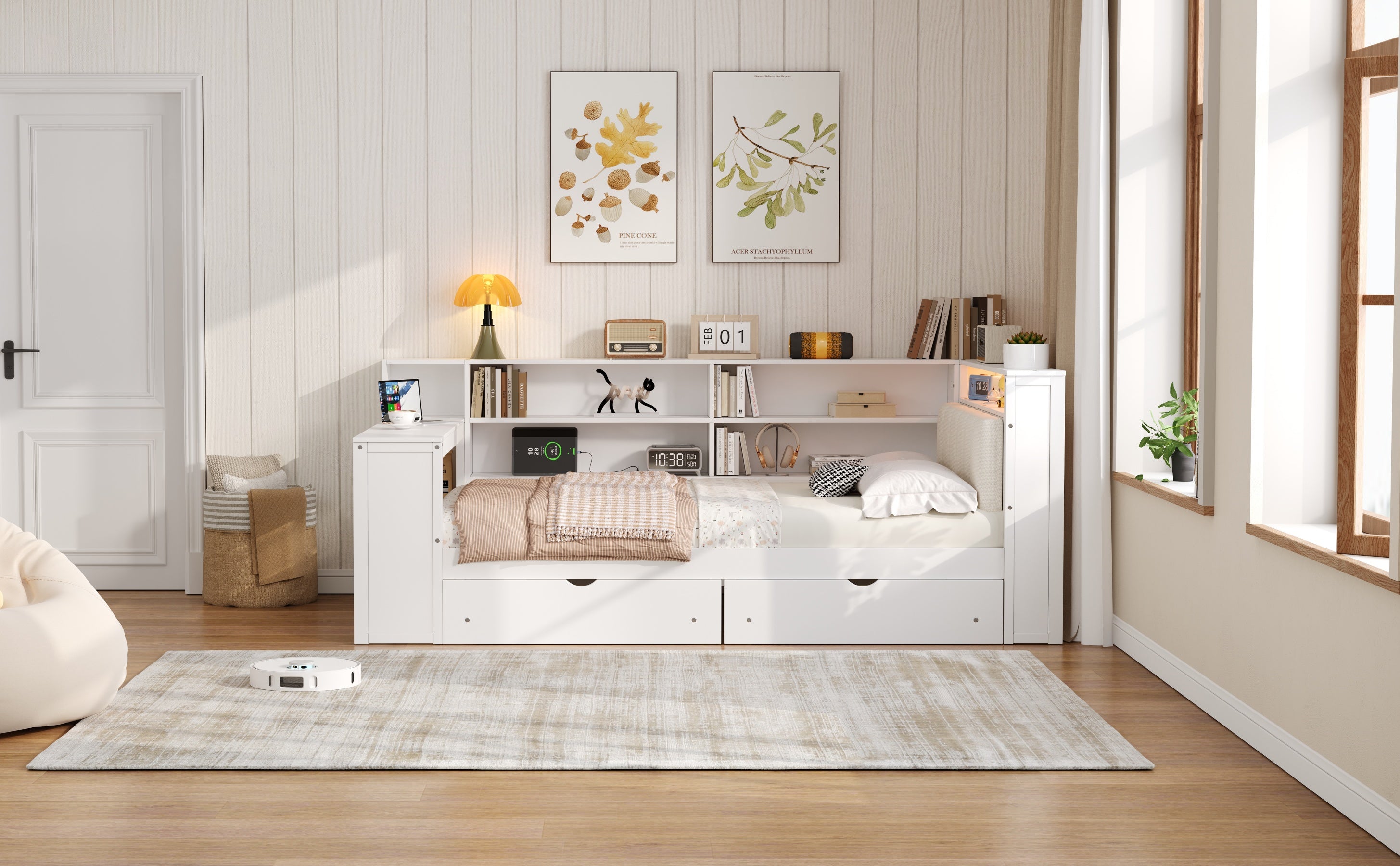 Wood Full Size Platform Bed with Storage Shelves and Charging Station