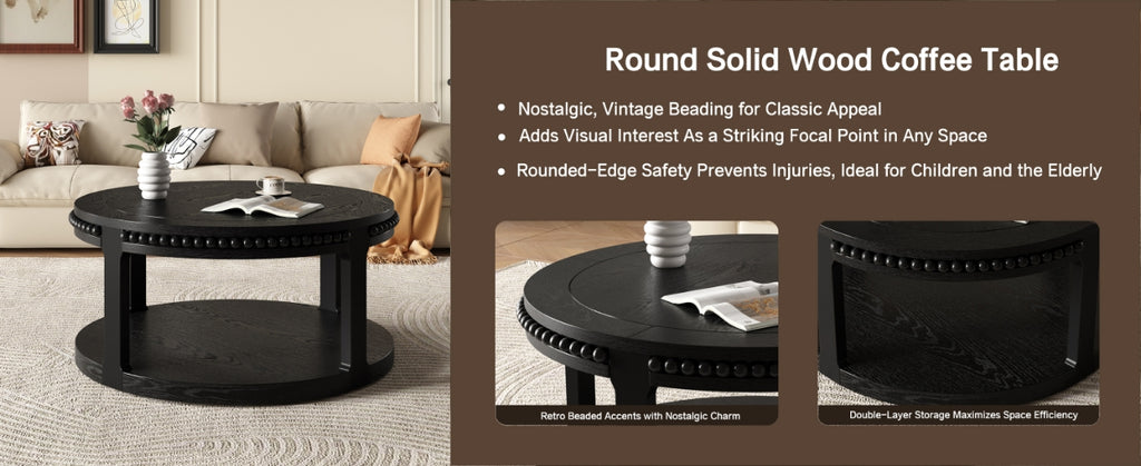 31.5-Inch Round Solid Wood Coffee Table, Two-Tier Open Storage, Black