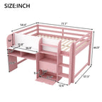 Full Size Low Loft Bed with Built-in Desk, Storage Cabinets and Open Bookcase