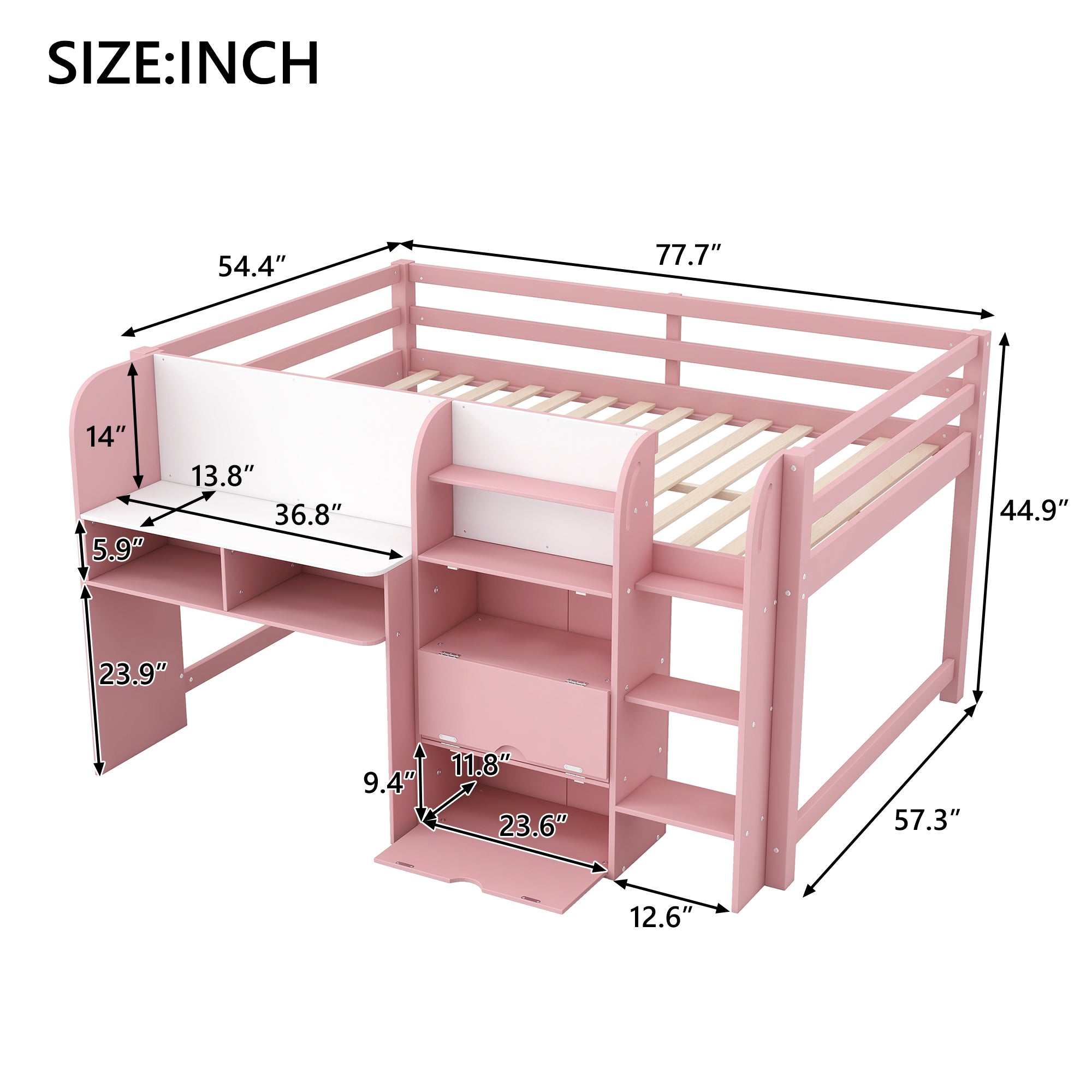 Full Size Low Loft Bed with Built-in Desk, Storage Cabinets and Open Bookcase