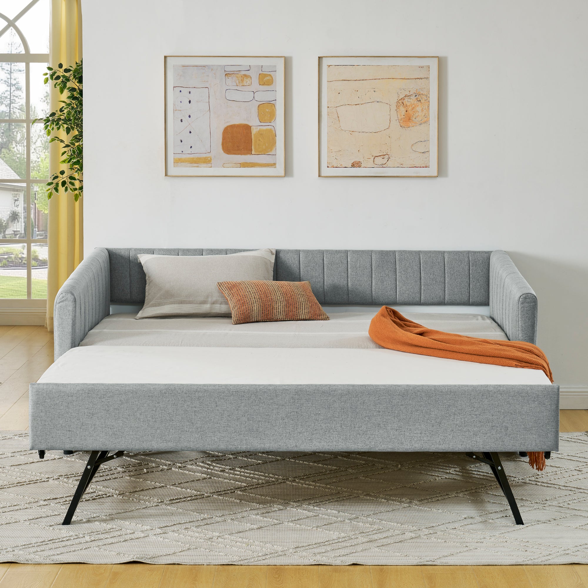 Twin Size Daybed with Trundle Upholstered Sofa Bed