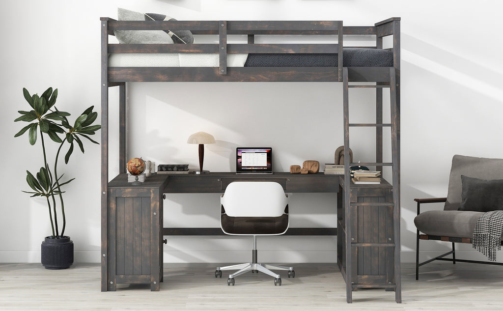 Full Size Loft Bed with U-shaped Desk, Drawers and Storage Shelves