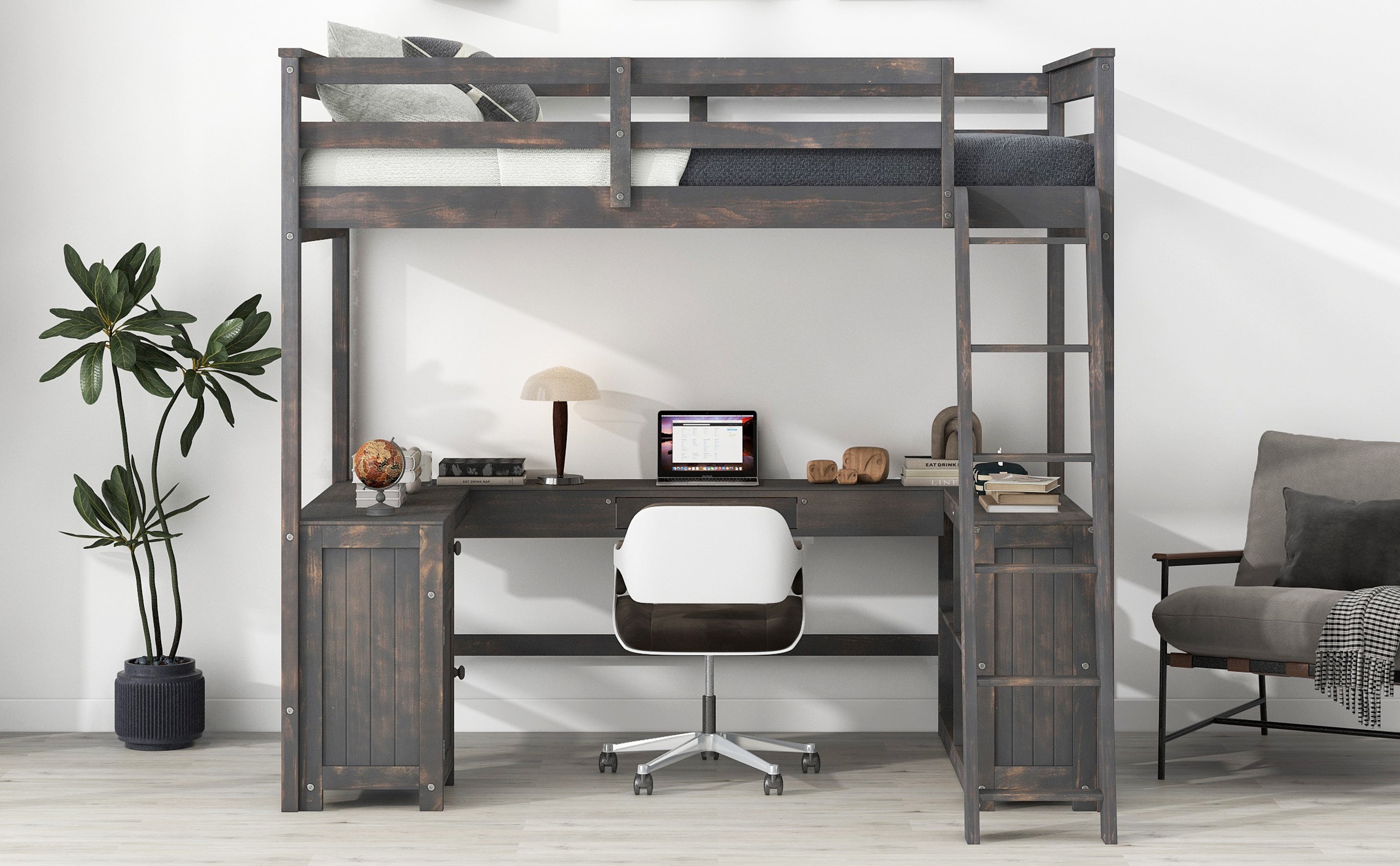 Full Size Loft Bed with U-shaped Desk, Drawers and Storage Shelves