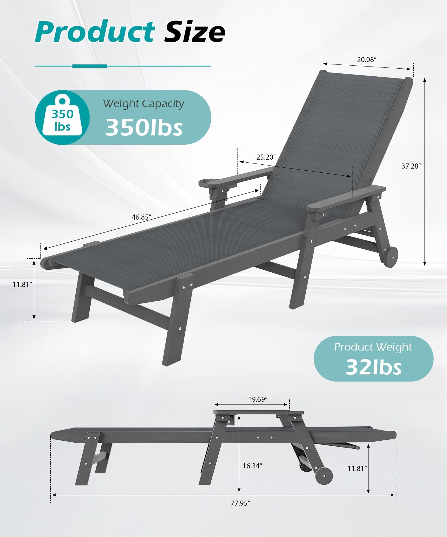 Outdoor Pool Lounge Chairs Set of 2, HDPE with Wheels