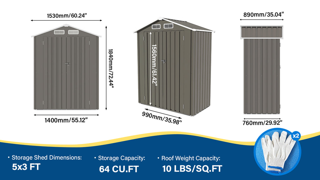5X3 FT Metal Outdoor Storage Shed