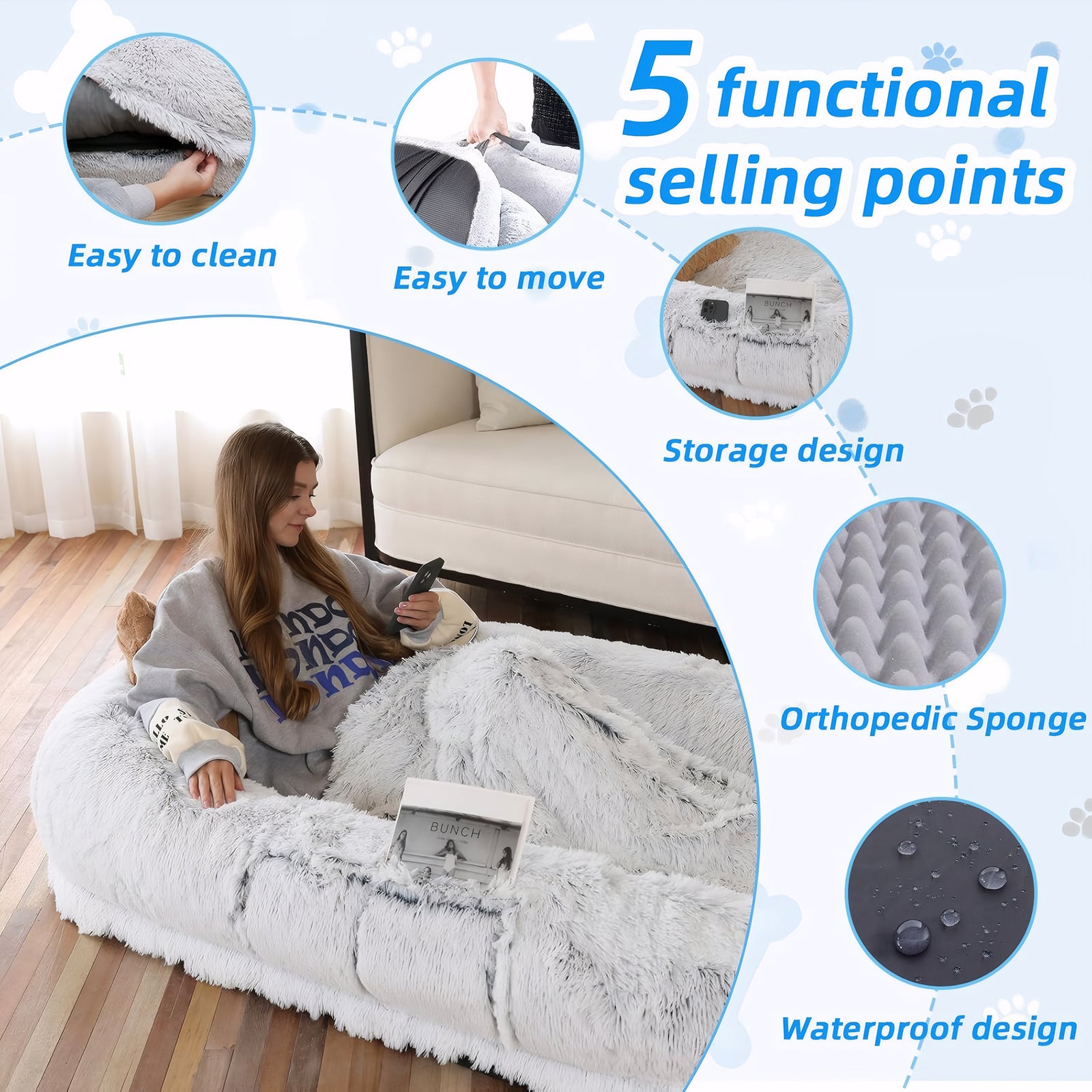 Human Dog Bed - Washable Faux Fur