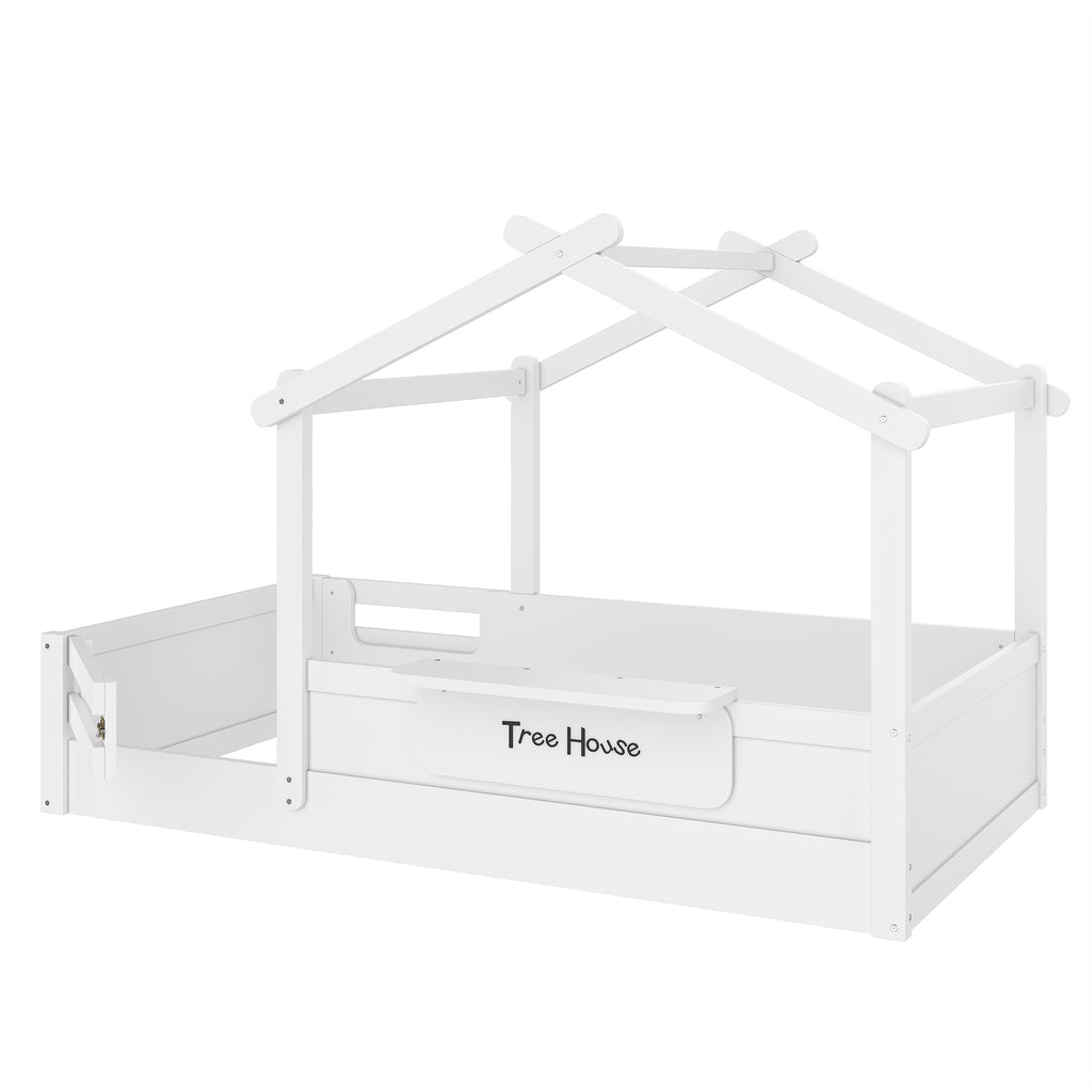 Twin Size Floor Bed with Guardrails and Roof