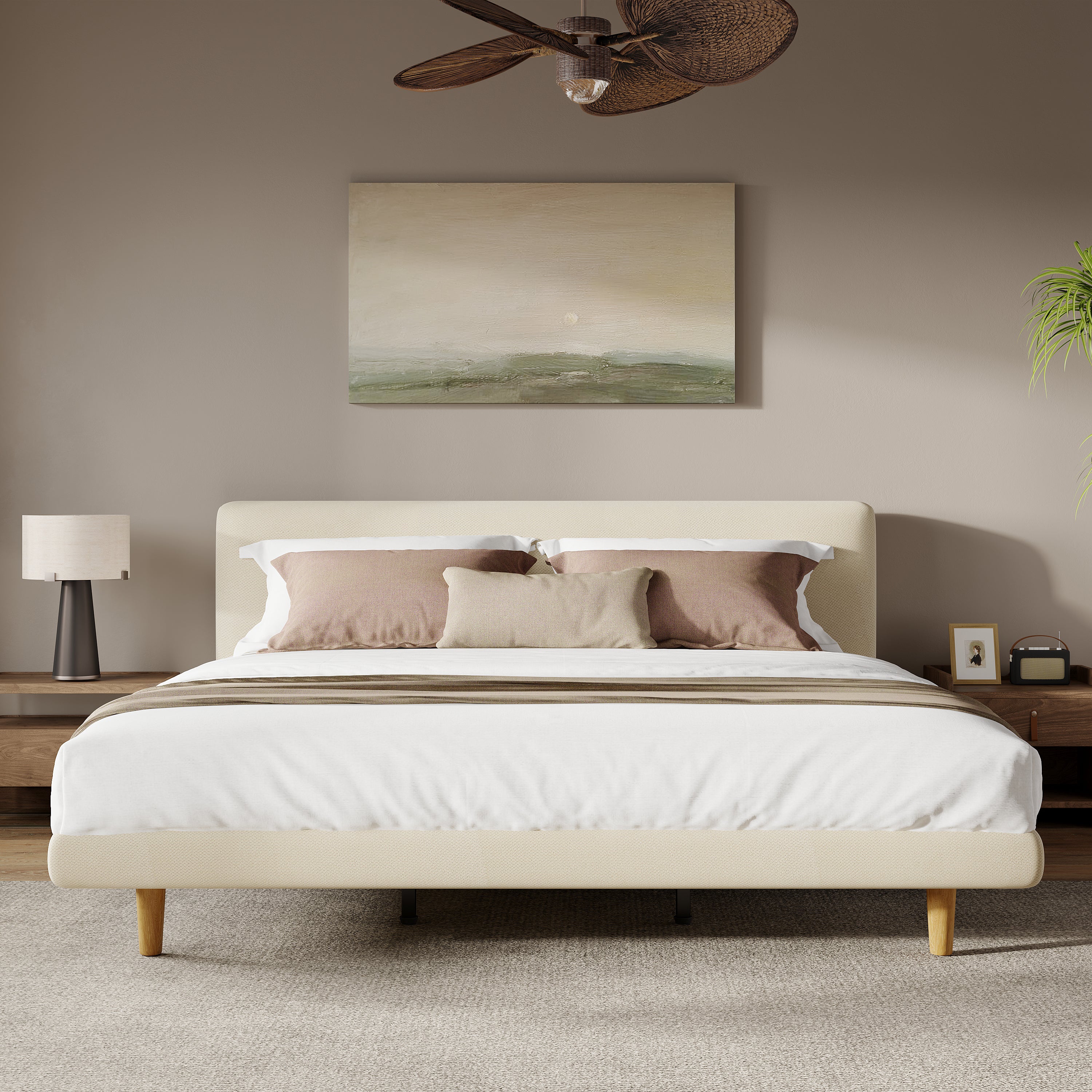 Beige Chunky Headboard Bed Frame