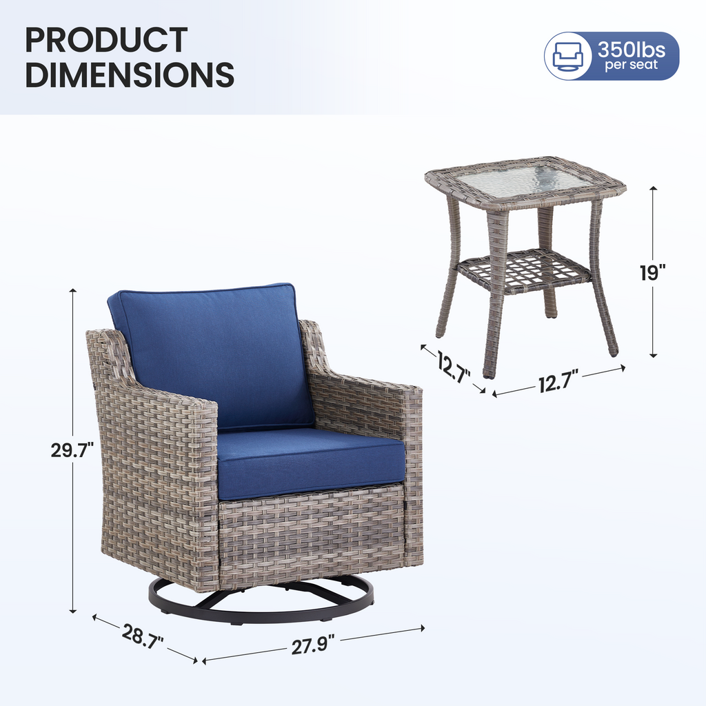 Swivel Outdoor Chairs Set of 2 with Glass-Top Side Table