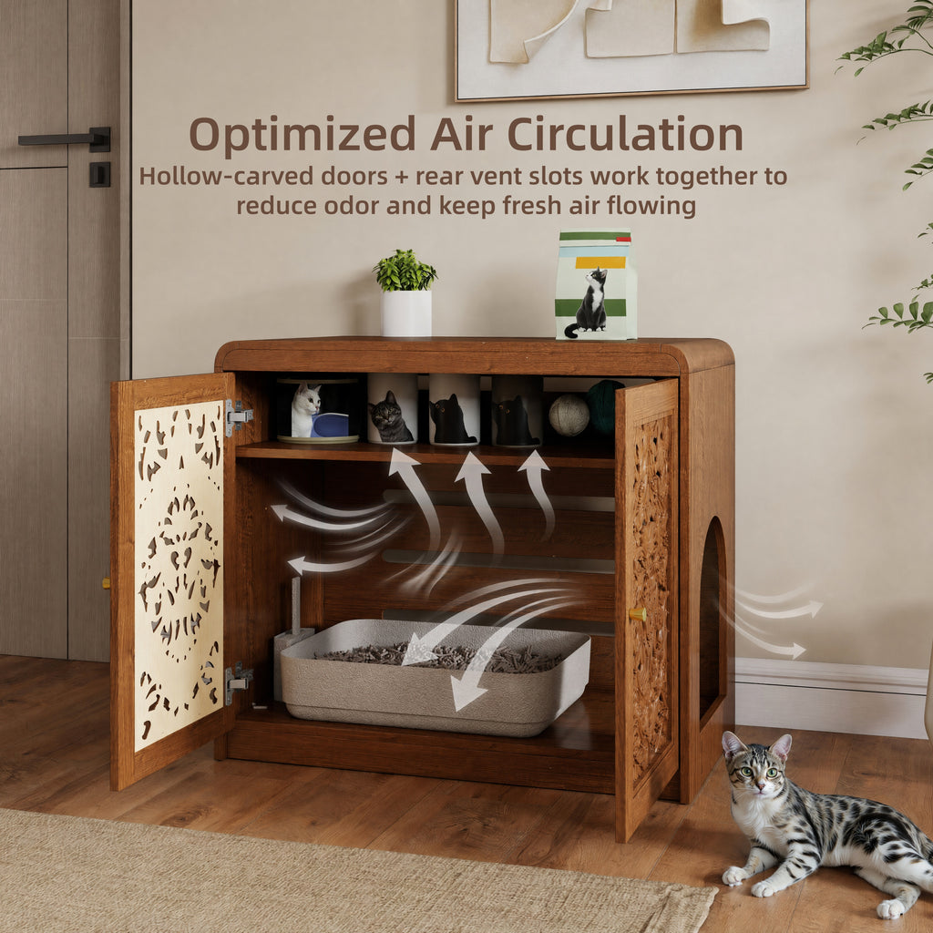 Walnut  Hollow‑Carved Cat Litter Box Enclosure Cabinet, Multi‑Purpose Sideboard with Vent & Large Cat Entry for Living Room & Entryway. Note: Litter box and cat mat not included.
