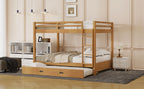 Wood Queen Size Bunk Bed with Ladder and Trundle, Wood Color