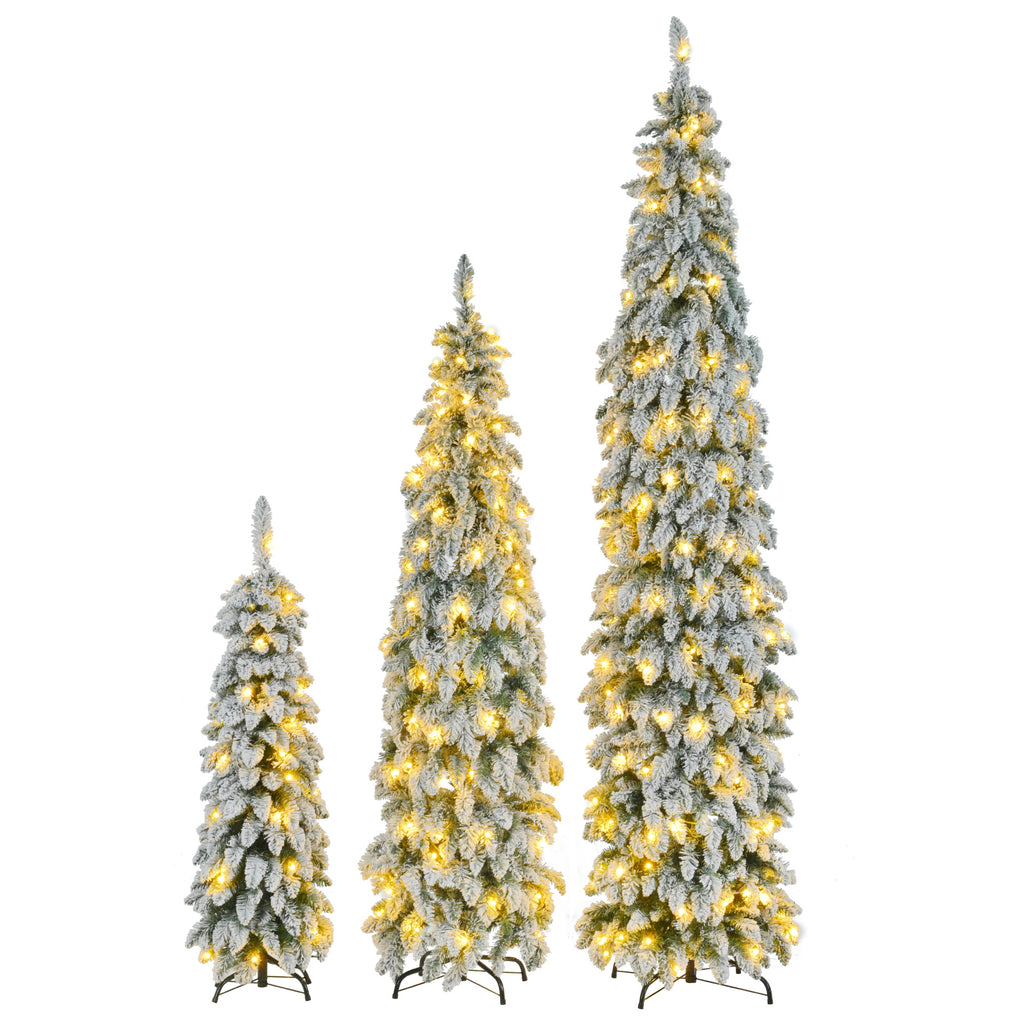Pre-Lit Pencil Christmas Tree 3-Set, 4FT 6FT 8FT, Snow-Flocked, 290 LED Lights, 11 Modes