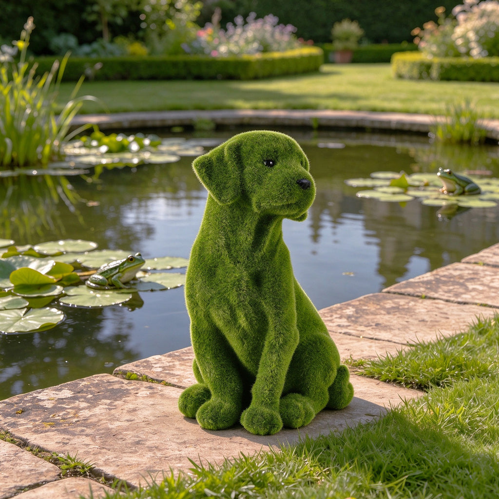 13.4" Garden Statue, Flocked Dog Figurine Style B, Resin