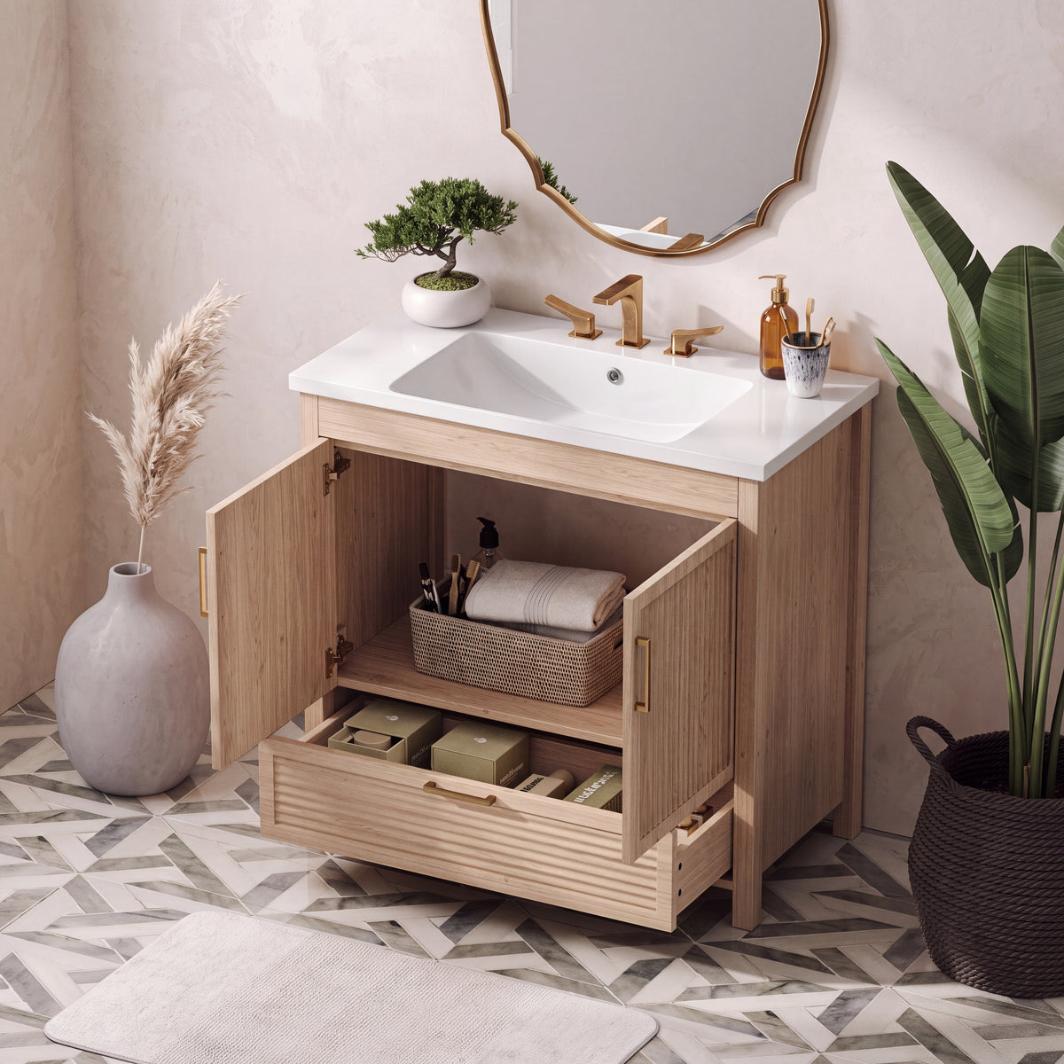36 Inch Freestanding Bathroom Vanity Cabinet with Sink, 2 Soft Close Doors & Full Extension Drawer, Wave Fluted Panels