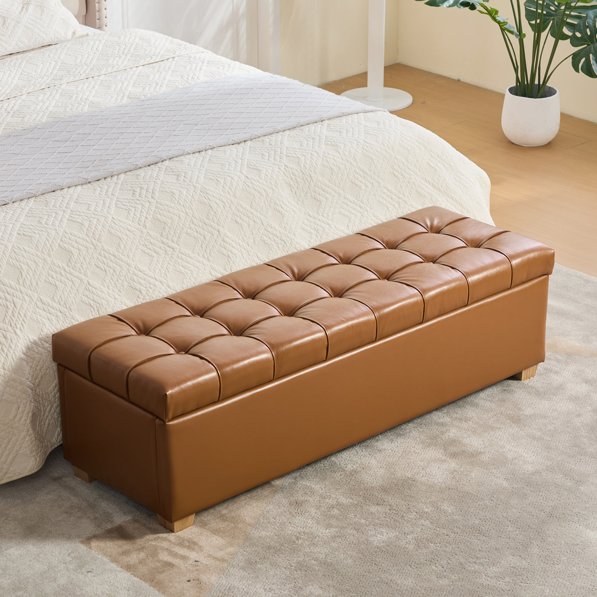 60.2-Inch Upholstered Storage Bench, Tufted Flip-Top, Burnt Brown