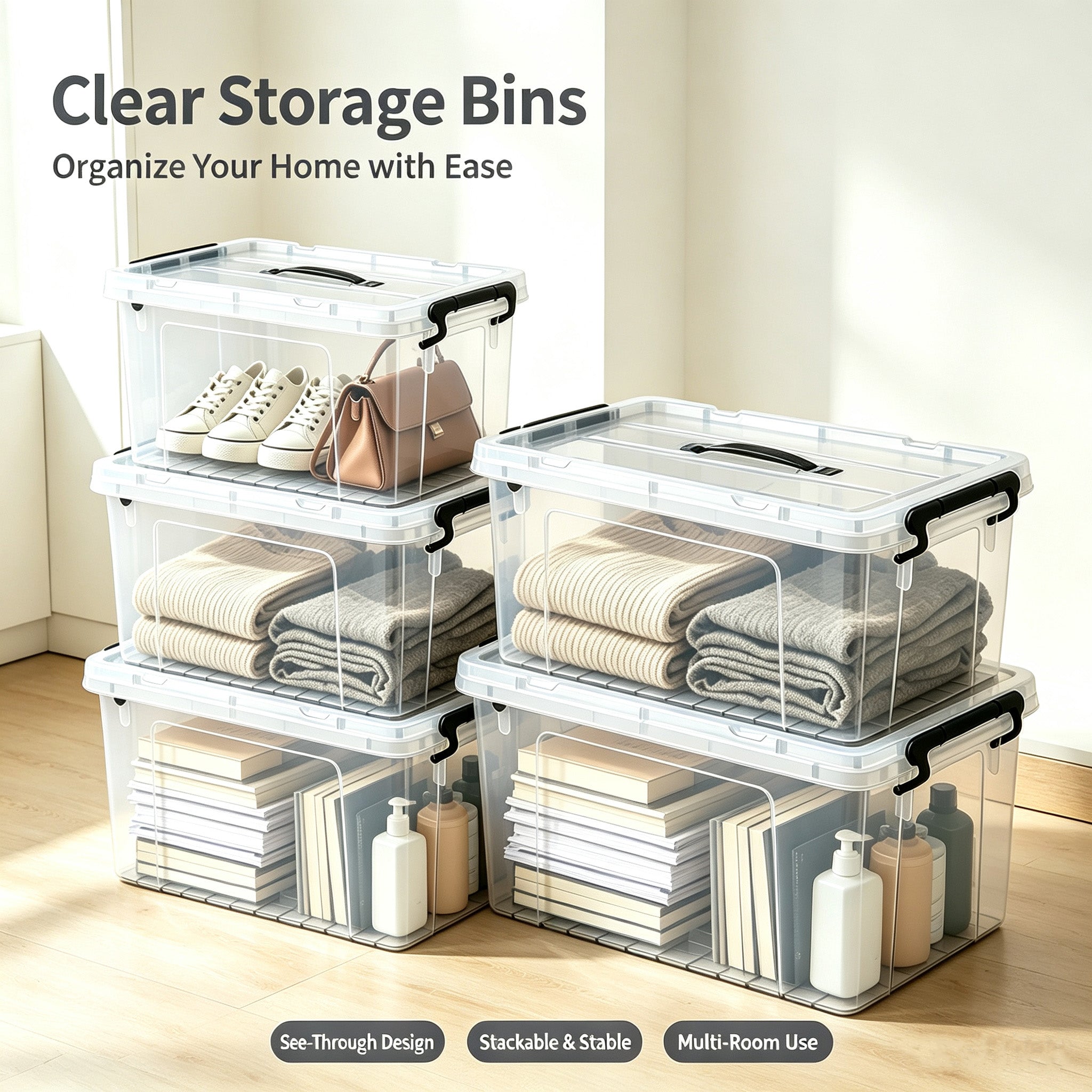 4 Pack 90 QT Clear Plastic Storage Bins with Lids