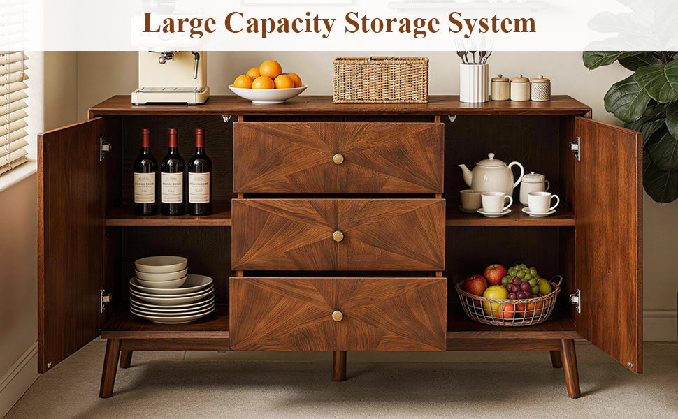Mid Century Sideboard Buffet Cabinet, 56-Inch, Walnut Wood, 3 Drawers and 2 Storage Cabinets
