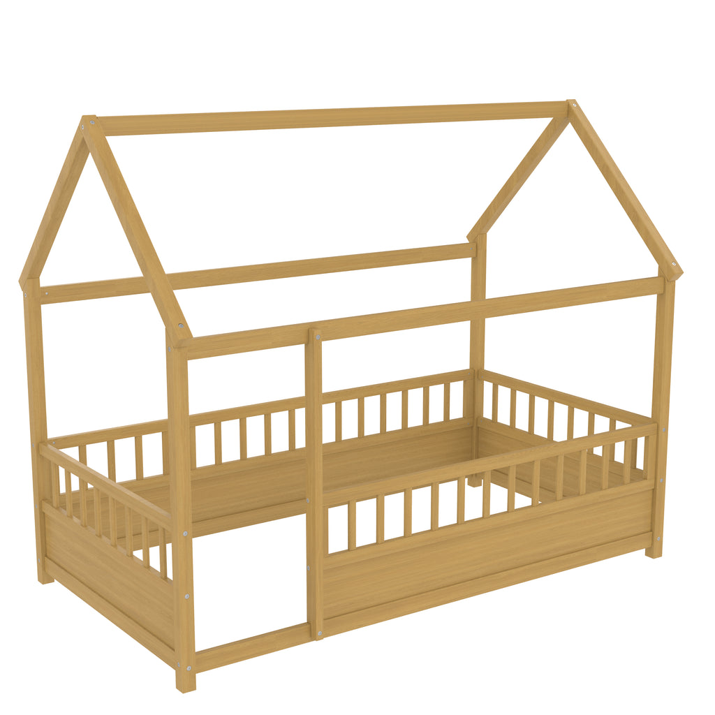 Twin Size Floor Wooden Bed with House Roof Frame