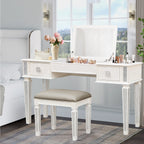 Mirrored Vanities Desk with Drawers, Mirror, and Stool Set