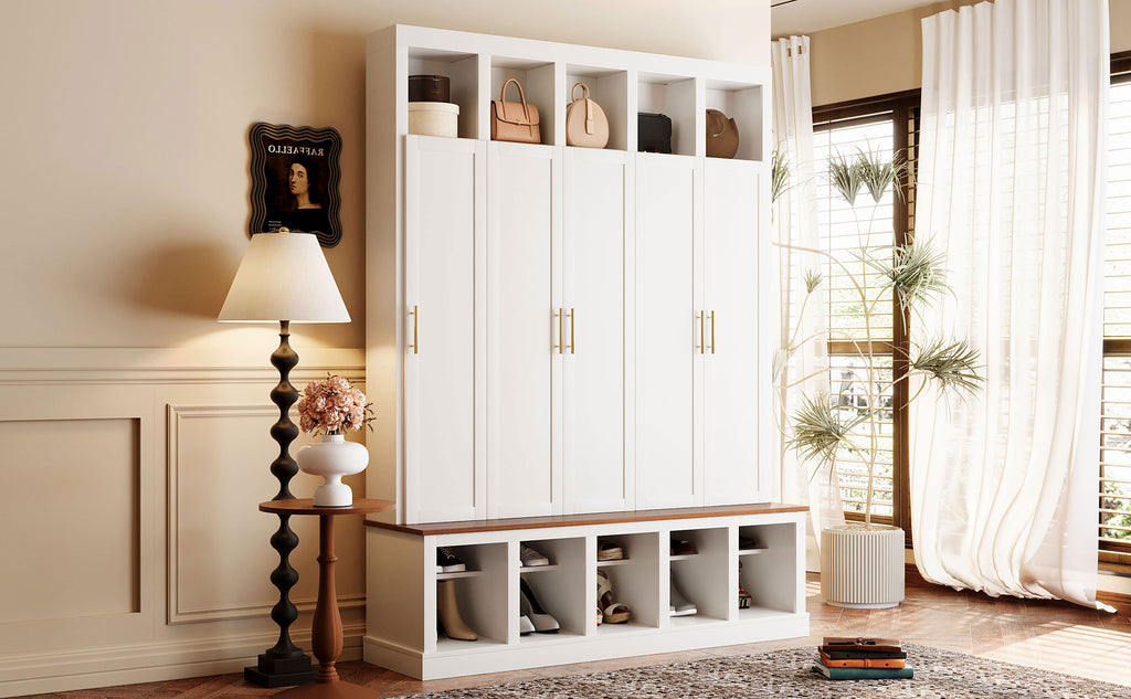 U-Can Farmhouse Entryway Storage Cabinet with Shoe Rack & Display Cubbies